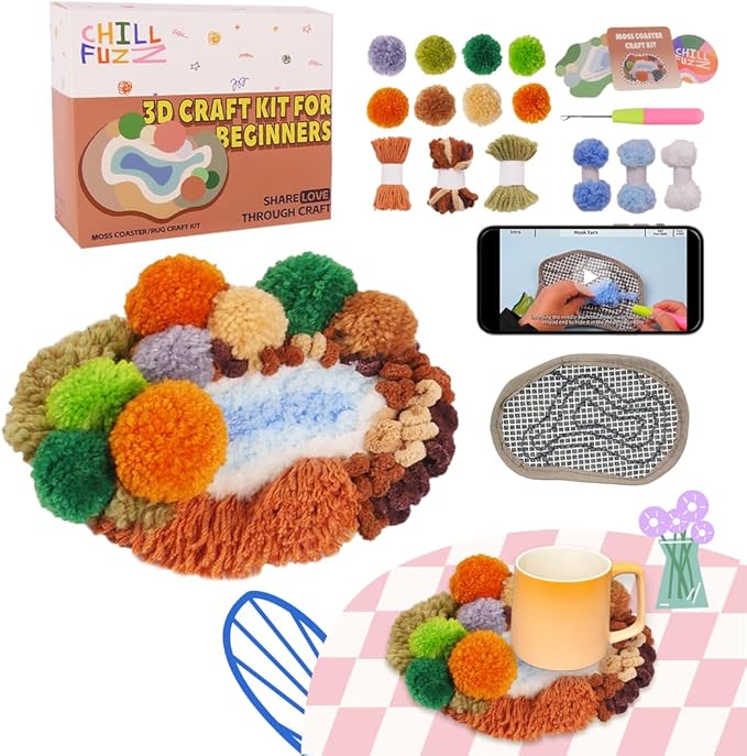 ChillFuzz Latch Hook Kits for Adults - Kids Crochet Kit for Beginners Arts and Craft Kit Moss Rug Coaster Yellow Oasis
