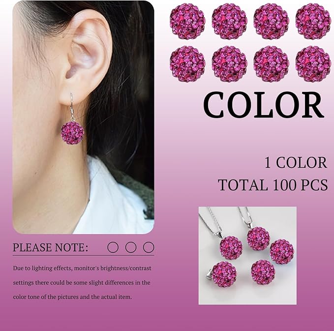 10mm Fuchsia Grade A Rhinestone Beads for Baseball Necklace-Round Disco Ball Bead Rhinestone Clay Beads for Earring Jewelry Making,Necklace Bracelet,DIY Craft Supplies(200 pcs)