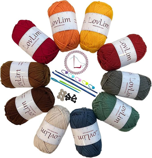 Crochet Yarn, 10x50g Soft Cotton Yarn Skeins, 1200+ Yards, for Crochet and Knitting, Free Crochet/Amigurumi Patterns, Craft DK Yarn Perfect Starter Kit (Autumn)