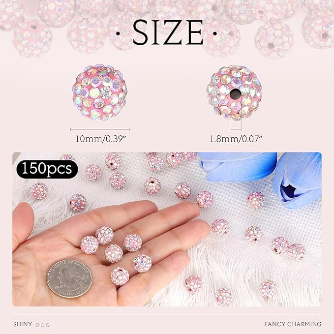 150pcs 10mm Rhinestone Beads for Jewelry Making, Pink AB Shiny Round Shamballa Disco Beads Bulk, Sparkle Crystal Clay Christmas for Bracelet Baseball Necklace Earring Crafting and DIY