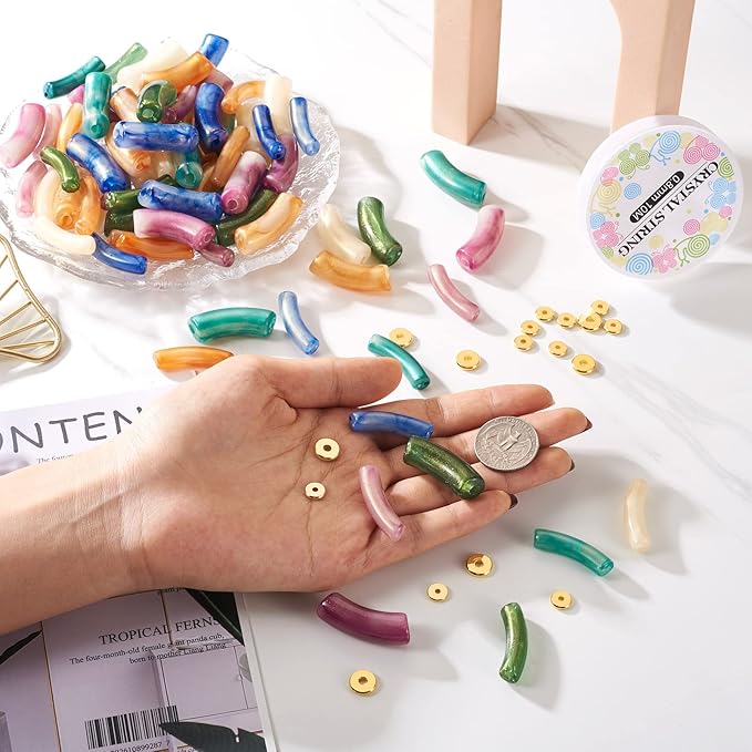 Sparkeads 120PCS Bamboo Tube Bracelet Making Kit for Women Friendship Bracelet Gift Stacking Bangles Chunky Curved Acrylic Beads Metal Spacers Elastic Thread Bracelet Beads