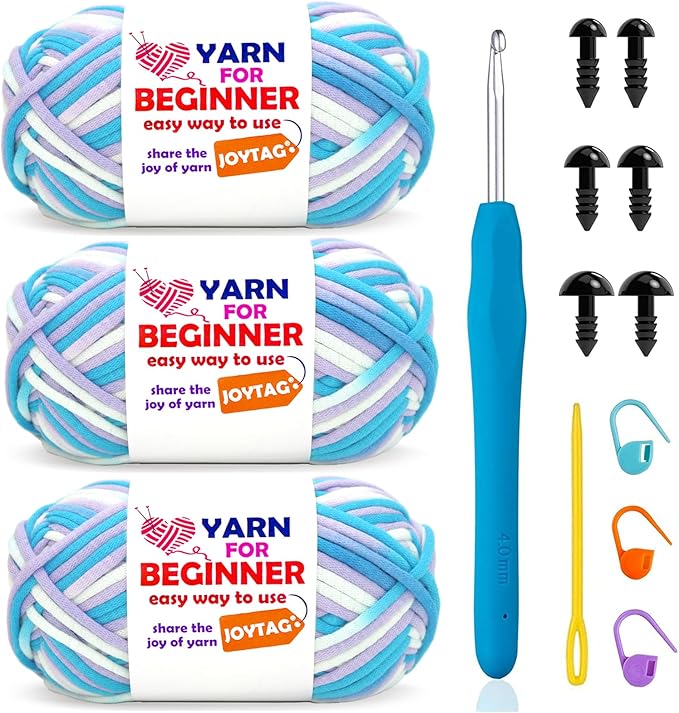 3 Pack Rainbow Beginner Crochet Yarn for Crocheting and Knitting Multicolor Cotton Crochet Yarn for Beginners(Purple White Blue)
