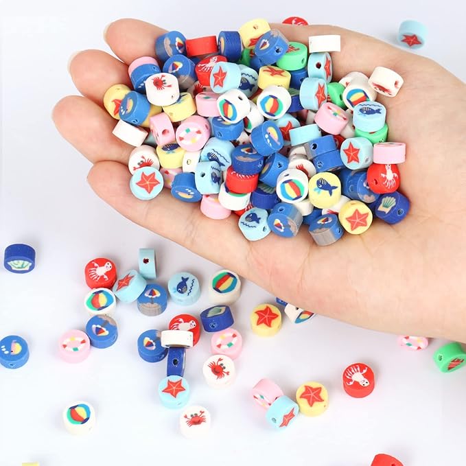 200PCS Polymer Clay Ocean Animal Beads - 10mm Mixed Colorful Flat Round Beads Spacer Kit for Jewelry Making DIY Bracelet Necklace