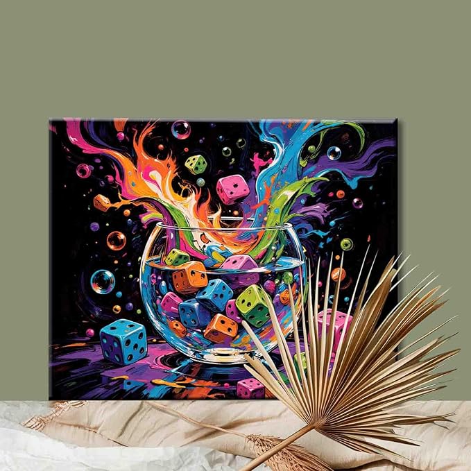 Dice Explosion Paint by Numbers for Adults Beginner Colorful Dice in Glass Bowl Oil Painting Kits on Canvas with Brushes and Acrylic Painting Crafts DIY Home Wall Decor 16X20 Inch (Frameless)