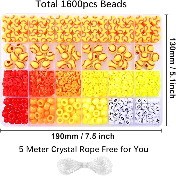 BBita 1600PCS Softball Sports Ball Polymer Clay Beads Charms for Friendship Bracelets Making Kit Cute Fun Beads DIY Arts Crafts Birthday Gifts for Kids Girls Softball Bead