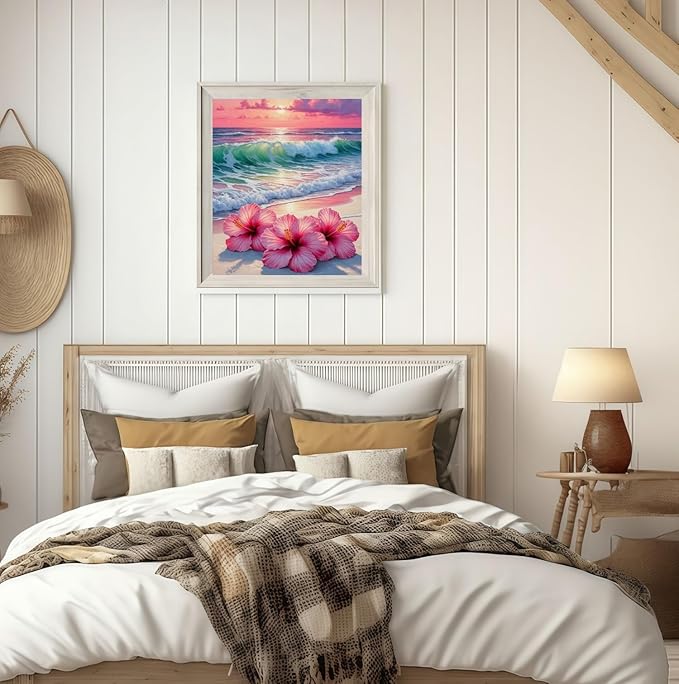 BYGFHLYW 5D Diamond Art Kits for Adults, Beach Flower Diamond Painting Kits for Adults Beginner, Full Drill Round Paint by Diamonds Dot Gem Art for Home Wall Decor 12x16inch
