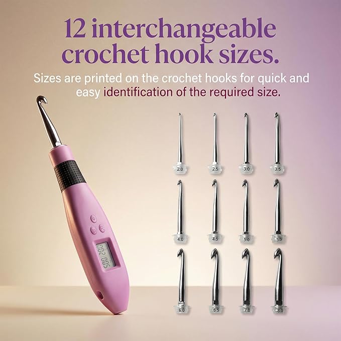 Counting Crochet Hook Set, 12-in-1 Light-Up Interchangeable Hooks with Digital Stitch/Row Counter (2.0–14.0 mm), Ergonomic Rechargeable Handle & Storage Case, Gift for Beginners & Experienced Crafters