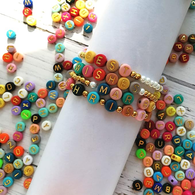 Amaney 1000pcs 4x7mm Alphabet Letter Beads Heart Star Moon Beads Gold on Colors and Beading Cords for Jewelry Making