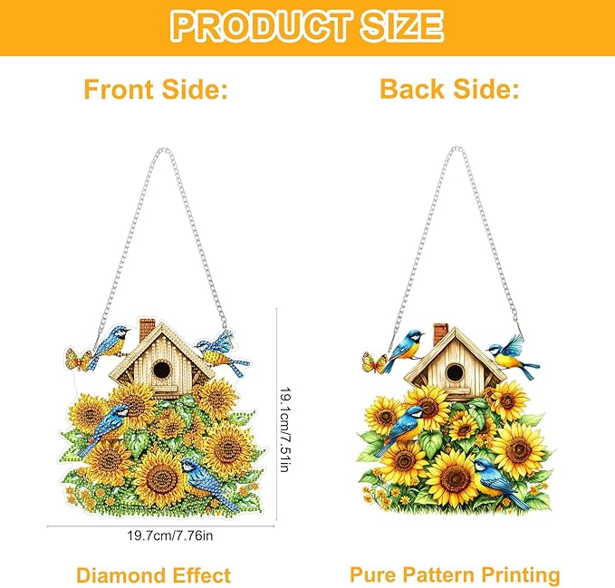 QENSPE Diamond Painting Art Hanging Kits for Adults, 5D Sunflower Diamond Paingting Ornaments with Chain, DIY Blue Birds Crystal Window Pendants for Home Wall Decor Double Sided Gift 8X8 inch