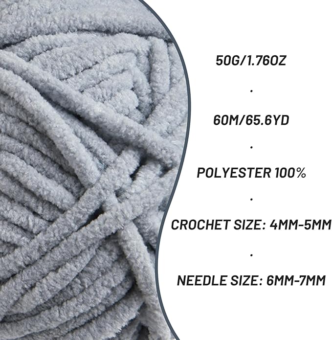 Plush Chenille Chunky Crochet Yarn - Baby Yarn for Crocheting Soft - Velvet Yarns Knitting for Blankets Crafts - Fluffy Amigurumi Yarns 50g / 65.6yd (Grayish)