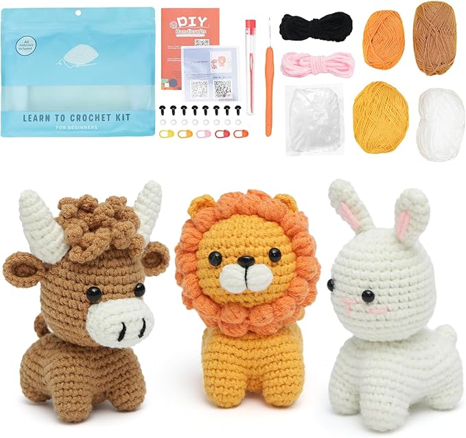 GONELYON Crochet Kit for Beginners, 3Pcs Amigurumi Crochet Animal Kits, Crocheting Kit for Starters Adult with Step-by-Step Video Tutorials, Animal Kits with Highland Cow, Lion, Bunny
