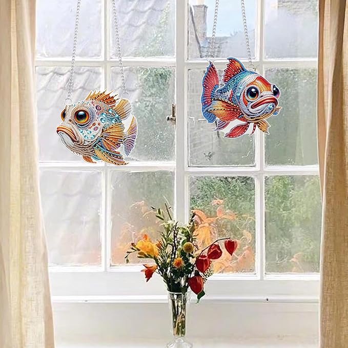 LazyFold 2PCS Diamond Art Hanging Pendant Kits for Adults, Colorful Fish DIY 5D Special Shape Diamond Art Painting Pendant Kits,Gem Art Suncatchers Painting Ornament for Home Garden Wall Decor Gift