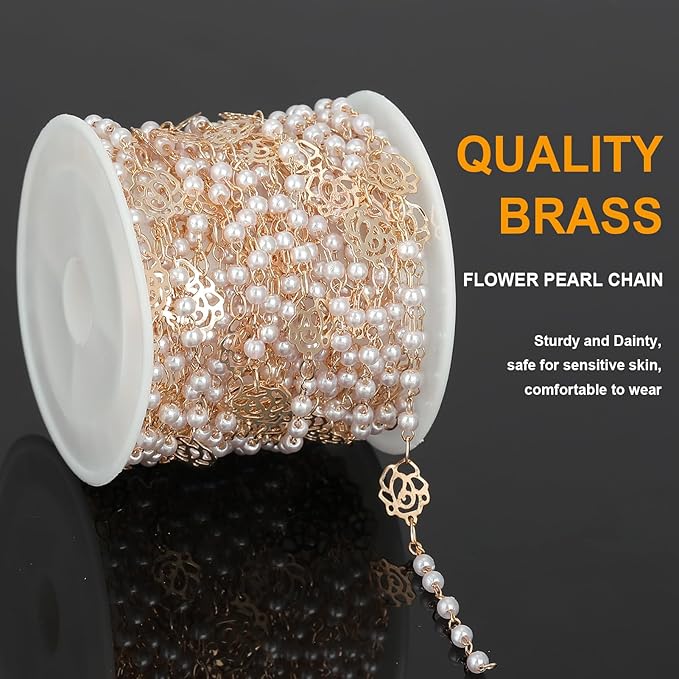 KYUNHOO 16.4 Feet 3MM Faux Pearl Bead Chain for Jewelry Making Rose Flower Link Brass Cable Chains Bulk with Clasps for Handcraft DIY Finding Supplies