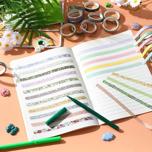 Washi Tape Set 20 Rolls Cute Vintage Washi Tape Decorative Tapes Adhesive Craft Washy Pattern Tapes for Scrapbooking Arts DIY Crafts Journal Planners Gift Wrapping Junk Journal Supplies, Natural