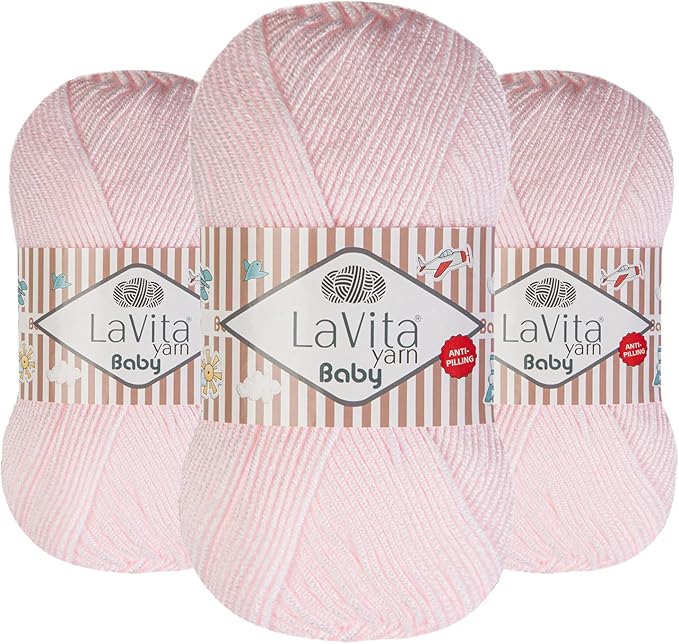 LaVita Baby Premium Anti-Pill Acrylic Yarn - 820 Yards, 3 x 3.5 oz - Warm, Airy Fiber with Silky Texture - Oeko-TEX Certified, Durable, Lightweight, Long-Lasting, Solid Pastel Colors - 3 Skeins Pack