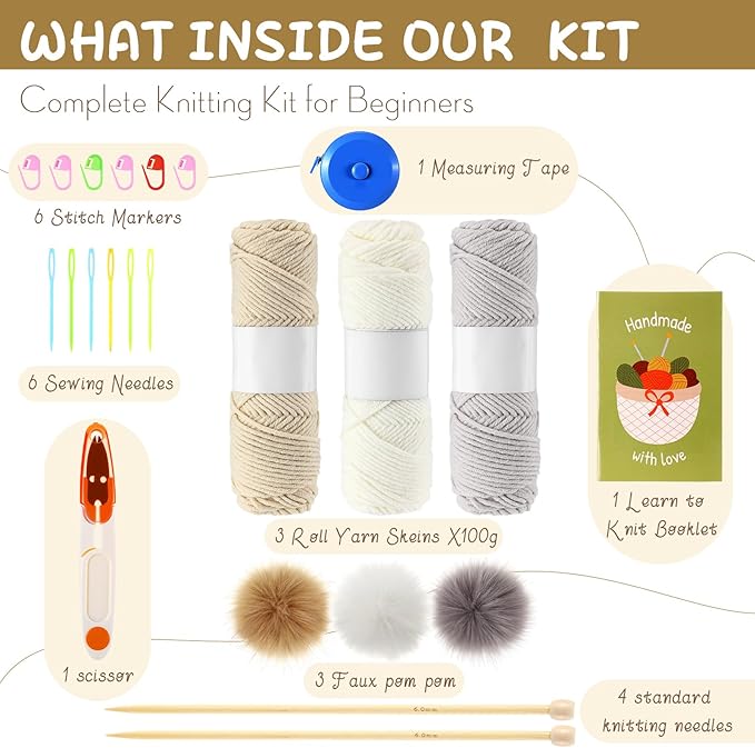 Syhood Knitting Kits for Beginners Adults Hat Knit Kit with Yarn, Bamboo Needles, Faux Pom Practical and Easy to Use Complete Beginners for Women and Men Lovely Present(White, Khaki White, Khaki)
