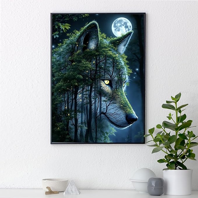 Yezavesu Wolf Diamond Art Kits for Adults, Wolf Forest 5D Diamond Painting Kit for Beginners, DIY Round Full Drill Painting with Gem Art Craft Kits for Home Wall Decor 12x 16 Inch