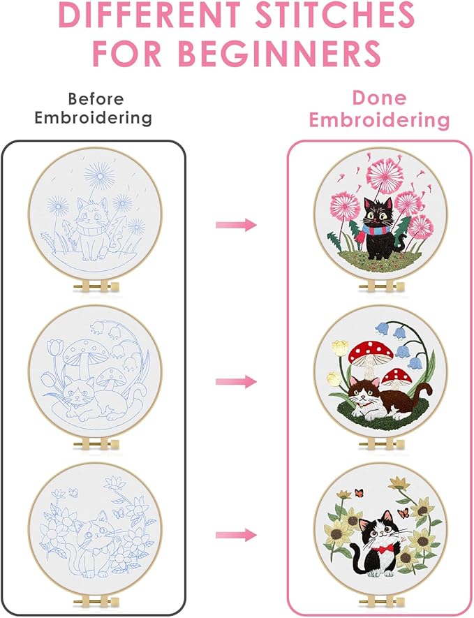 TINDTOP Embroidery Kit for Adults, Cat Embroidery Practice Kit for Beginners Include Embroidery Cloth Hoops Threads for Craft Lover Hand Stitch with Embroidery Skill Techniques