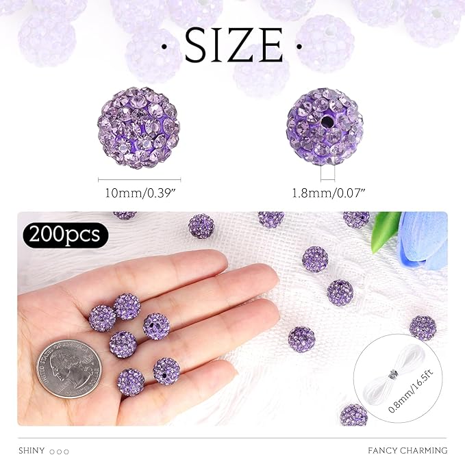 200 pcs purple rhinestone beads for jewelry making, sparkle crystal clay christmas for bracelet baseball necklace earring crafting and diy, shiny round shamballa disco ball beads bulk