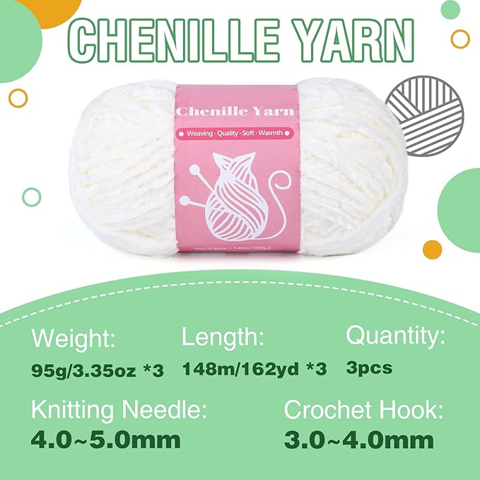LUNARM Chenille Velvet Yarn for Crocheting Knitting with Big Eye Needles, Handcrafts Weaving Soft Chenille Yarn for Making Blankets, Clothes, Pattern Knitting-3 * 3.35oz,3 * 162yds (Milky White)
