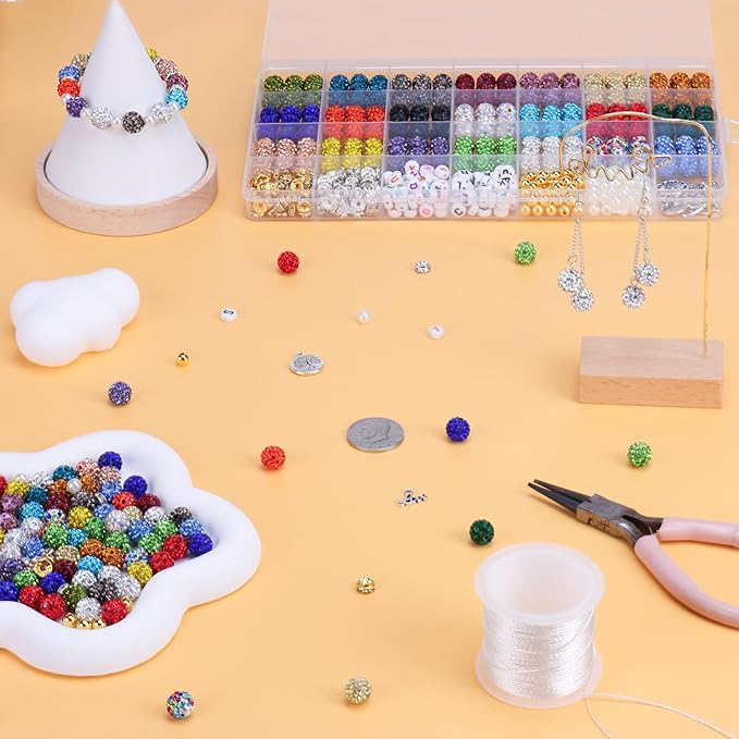 501 Pcs Rhinestone Bead Kit for Bracelet, 10mm Sparkle Clay Crystal Beads for Jewelry Making, 21 Colors Shiny Disco Ball Beads for Crafts Baseball Necklace Keychain Earrings DIY Decoration (Kit 1)