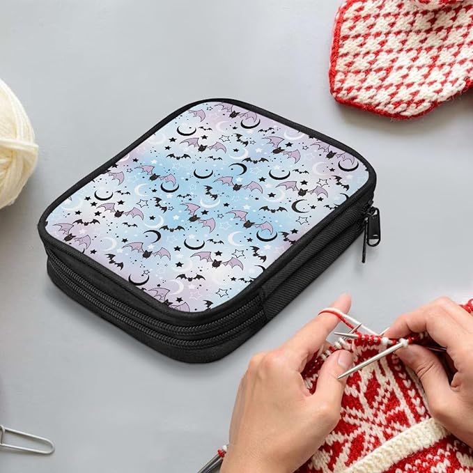 Hechitok Halloween Bats Moon Crochet Hooks Case Zipper Bags Portable Crochet Storage Bag with Web Pocket and Crochet Holder Slots for Carrying Various Crochets Needles