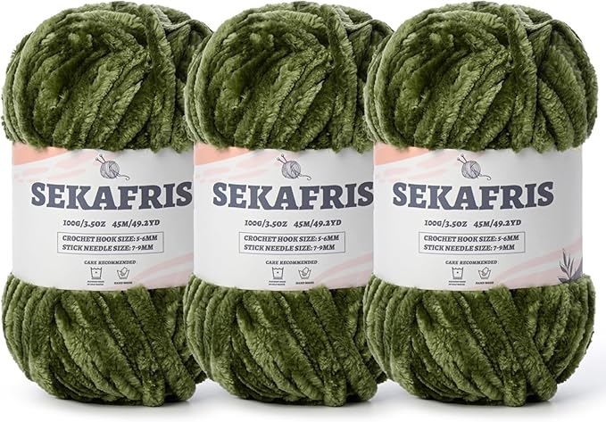 Fuzzy Chunky Chenille Yarn for Crocheting，Soft Plush Yarns for Hand Knitting，Bulky 3x100g（3x49.2 yd） Baby Blanket Yarn for Crocheting Amigurumi，Crochet Fluffy Velvet Yarns (3 Army Green)