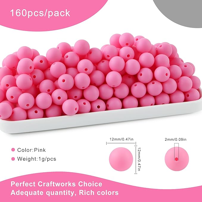 160Pcs 12mm Silicone Beads for Keychain Making Bracelet Necklace, Bulk Round Silicone Beads for Pens(Pink)