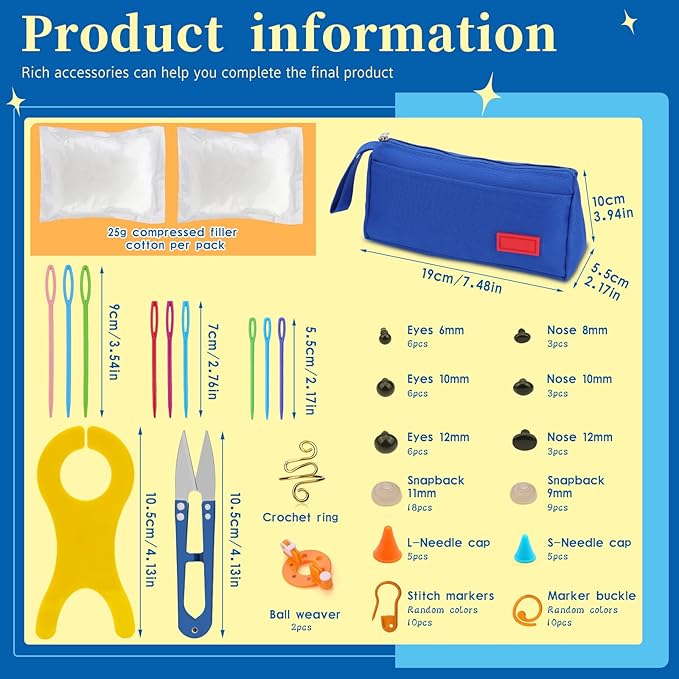 Pnytty 109pcs Crochet Hooks Kit Include 9pcs Ergonomic Crochet Hooks, 50g Premium Polyester Fiber Fill, Plastic Eyes, Noses, Crochet Tool Kit for Arthritic Hand Knitting Craft Handmade Crochet Project