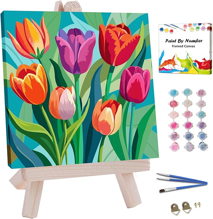 JUJUHOOD Tulip Flower Framed Paint by Numbers Kit for Adults Beginner & Kids Ages 8-12, Easy Paint by Number Without Easel, Simple Paint by Numbers for Gift Home Wall Decor (10x10Inch)