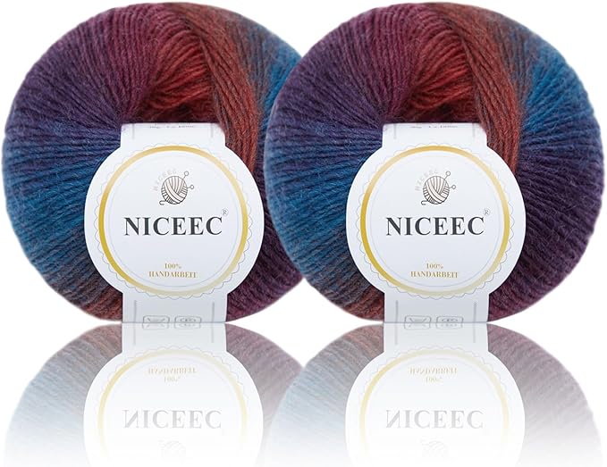 NICEEC 2 Skeins Rainbow Soft Yarn 100% Wool Gradient Multi Color Yarn for Crocheting Knit Total Length 180m×2(196yds×2,50g×2)-17#