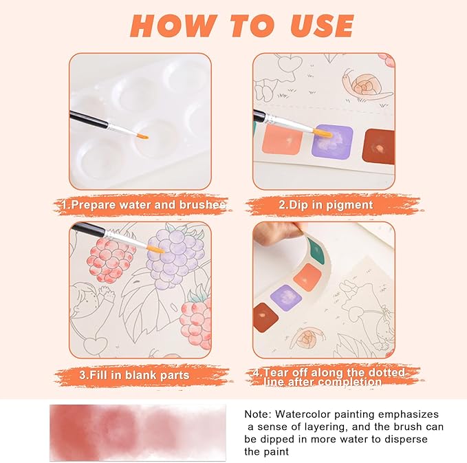Fairy Tale Watercolor Painting Book, 20 Pages Art Practice Pad, Portable Watercolor Paper Book with Brush