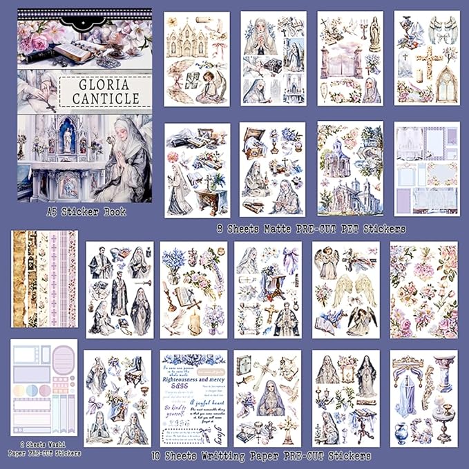 Gloria Cantical Pre-Cut Journal Sticker Book for Journaling, Scrapbook Stickers for Bullet Journals, Junk Journal Supplies, Planner, 20 Sheets A5 Size Washi, PET & Paper Collage Materials