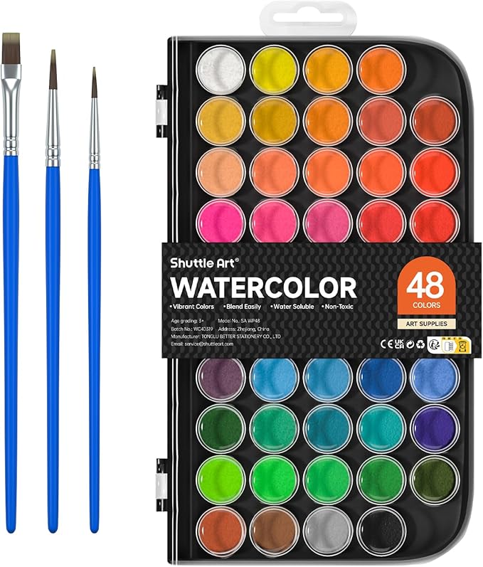 Shuttle Art Watercolor Paint Set, 48 Colors Watercolor Paint Pan Set with 3 Paint Brushes for Beginners, Artists, Kids & Adults for Painting, Journaling, Calligraphy Practice
