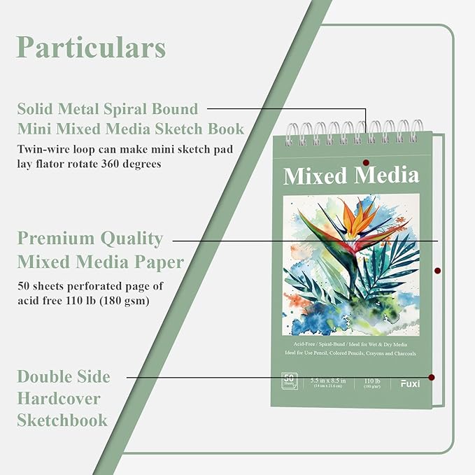 Fuxi Small Mixed Media Sketchbook, 2-Pack - 5.5" x 8.5" | 110lb/180gsm Mixed Media Paper for Watercolor, Acrylic, Ink, Pencil, 50 Sheets Per Pad.