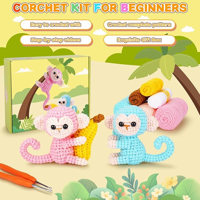 Fortuning's JDS Crochet Kit for Beginners - 2 PCS Monkey with Banana Crochet Kits with Step-by-Step Video Tutorials, Beginner Crochet Kit for Adults, Crochet Monkey Kit (Blue & Pink)