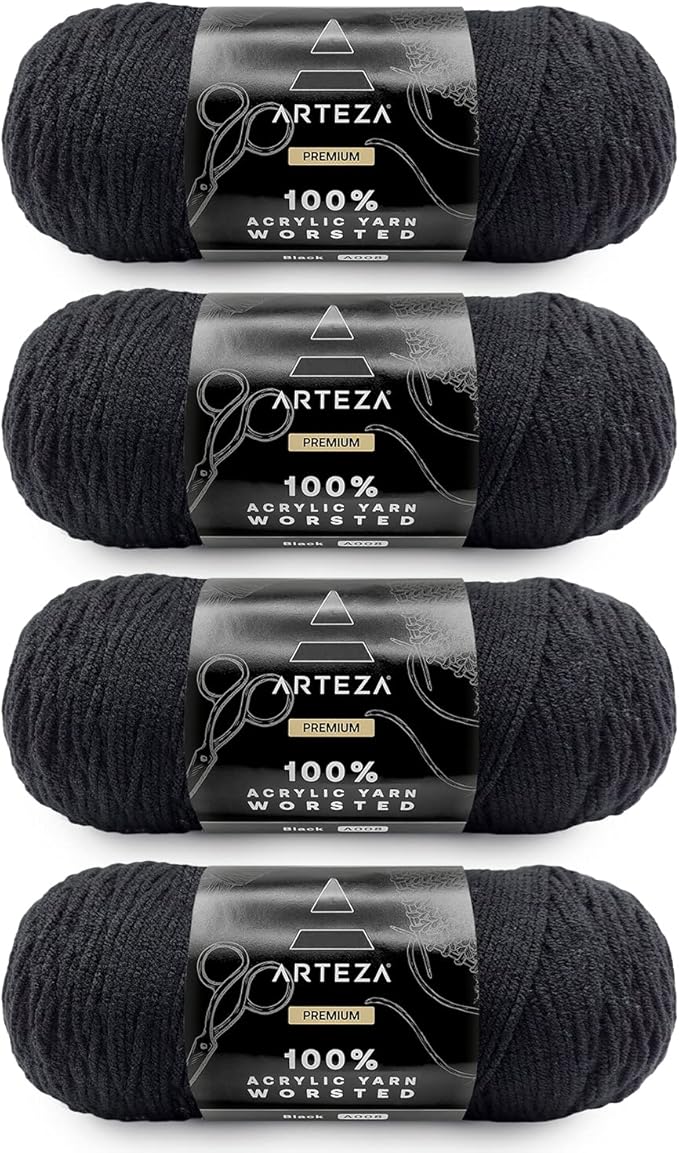 ARTEZA Acrylic Yarn for Crocheting, 4 x 200-g Skeins of Worsted Yarn for Knitting, Black A008, Knitting & Crochet Supplies