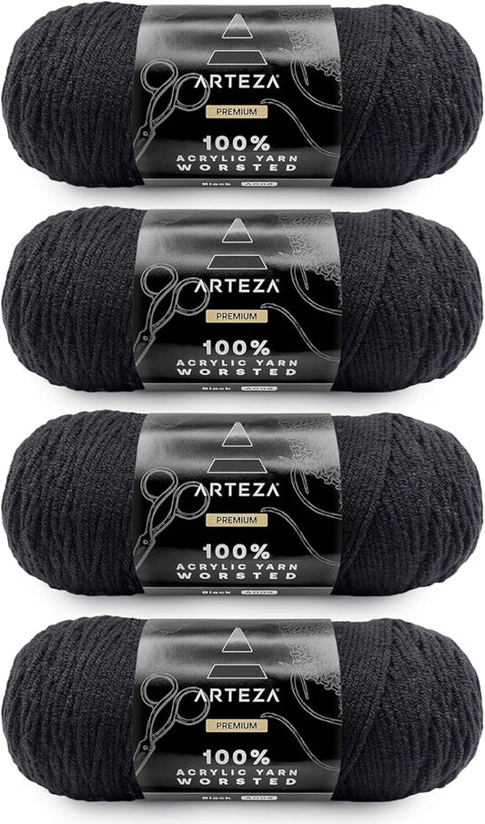 ARTEZA Acrylic Yarn for Crocheting, 4 x 200-g Skeins of Worsted Yarn for Knitting, Black A008, Knitting & Crochet Supplies