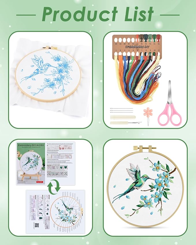 ERKOON Embroidery Kit for Beginners, Hummingbird and Flower Cross Stitch Set for Include Embroidery Cloth Hoops Threads for Craft Lover Hand Stitch with Embroidery Skill Techniques (Green Hummingbird)