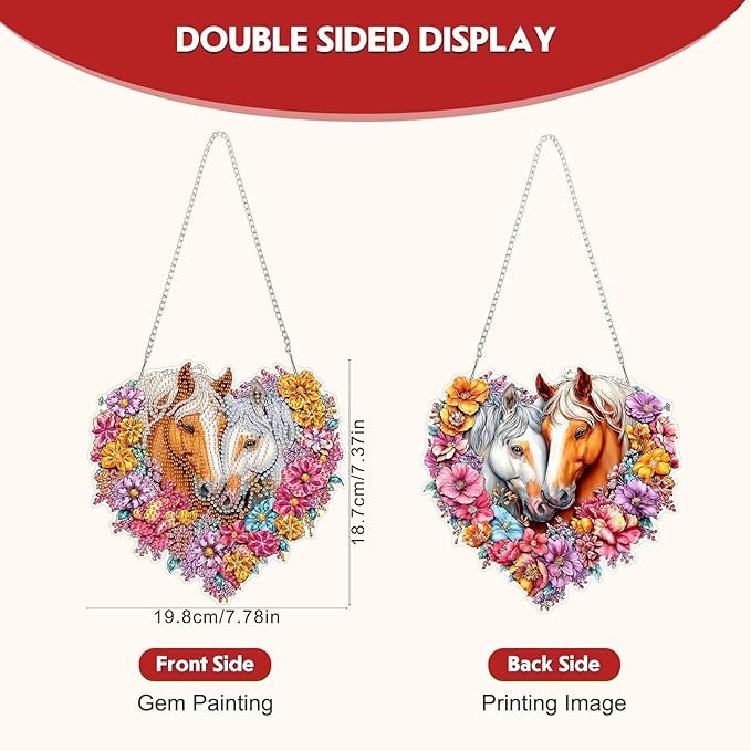 Hanging Diamond Art Kit for Adult, Horse Couple With Flowers, 5D Special Shaped Rhinestone Diamond Painting Ornament, Horses, DIY Acrylic Diamond Art Painting Window Pendants Home Garden Wall Decor