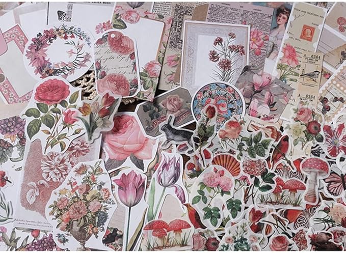 Alideco 200pcs Vintage Scrapbook Supplies Kit Kawaii Mushrooms, Flowers Scrapbooking Paper Washi Bullet Journals Planners Collage Album Aesthetic Cottagecore