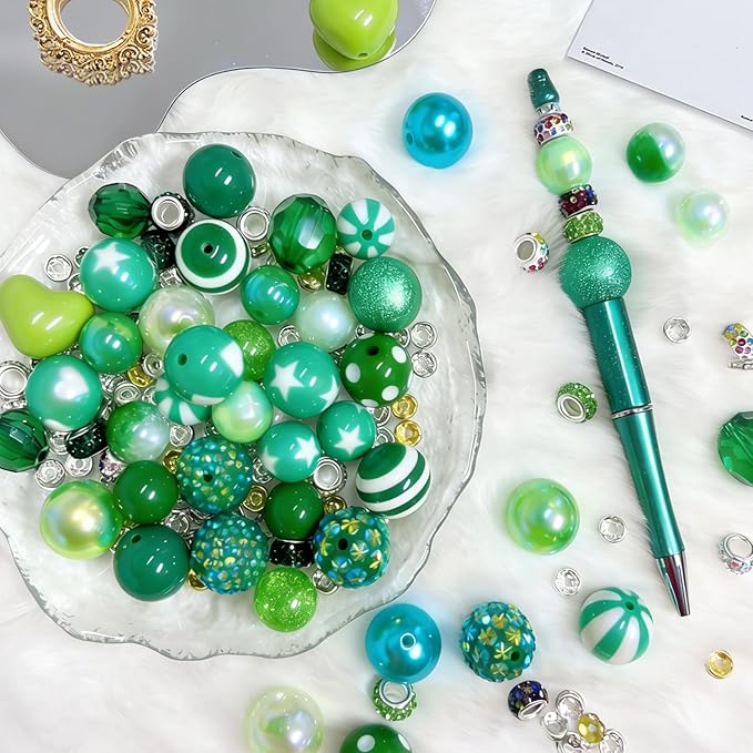 163 Pcs Pen Beads for Beadable Pens: Bubblegum Beads for Pen Making Bulk with Spacer Bead Rhinestone Bead (Green)