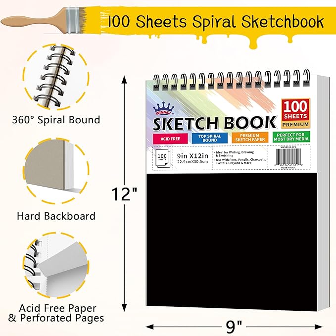 winner 9" x 12" sketch book 4 pack, 400 sheets spiral bound art sketchbook, 68lb/100gsm white acid free drawing pad, sketching drawing writing sketch pad, art supplies for school, kids, adults &teens