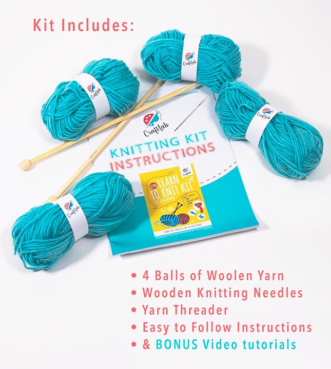 CraftLab Knitting Kit - Beginner Knitting Supplies with Wool Yarn, Needles, Instructions, DIY Gift