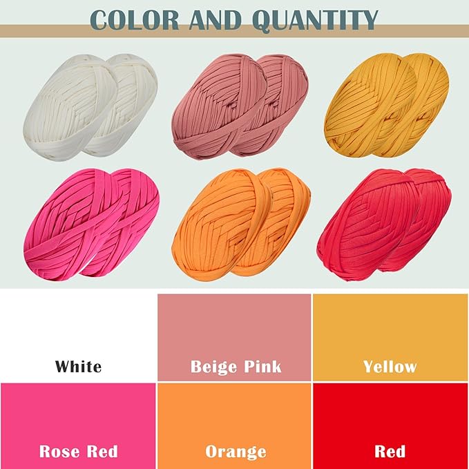 12 PCS T-Shirt Yarn Elastic Fabric Crochet for DIY Knitting, Spaghetti Knitting Yarn for DIY Bag Blanket Cushion Crocheting Projects,Home Decor(White+Yellow+Red+Rose Red+Orange+Beige Pink)
