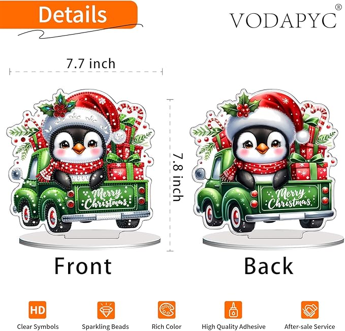 VODAPYC Christmas Penguin Diamond Art Tabletop Painting Kit, DIY Stand Up Double Sided Special Shaped Gnome Diamond Painting Desktop Ornament(Christmas Penguins Truck)