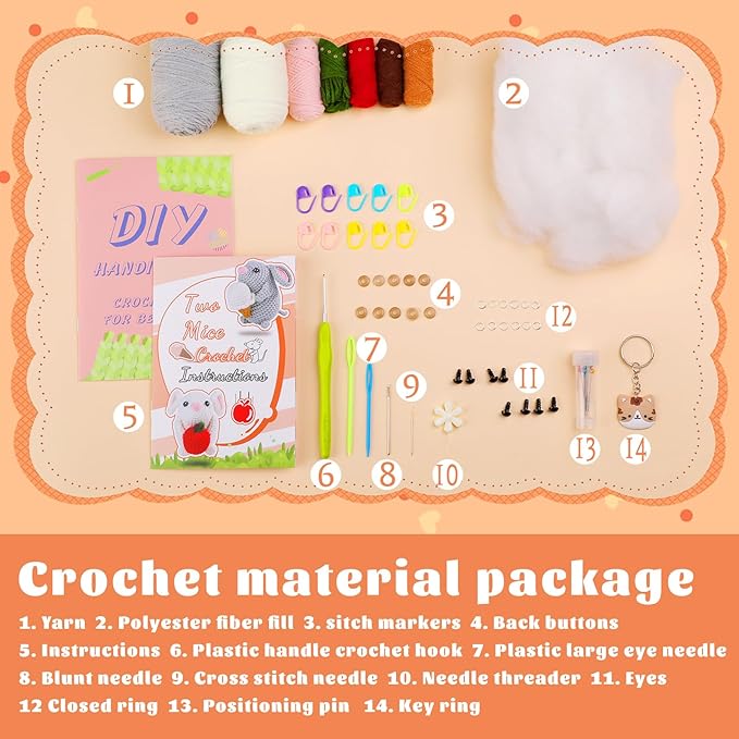 Kogyxe Beginners Crochet Kit, Amigurumi Crocheting Animals Kits w Step-by-Step Video Tutorials, Crochet Starter Kit Knitting Starter Pack for Adults Beginners, 2 Hamster Family (40%+ Yarn Content)
