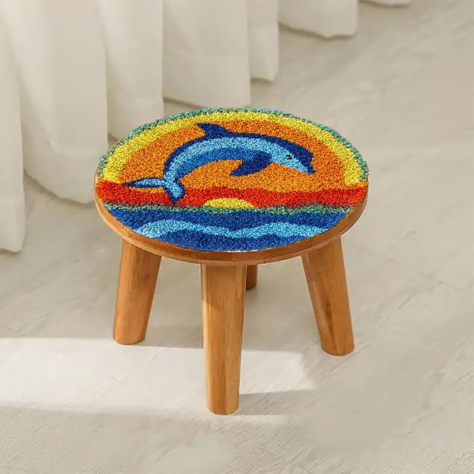 Latch Hook Rug Kit Dolphin Jumping Under Sunset Easy for Beginners Round Shape Carpet Crochet Yarn Craft Mini Rug DIY Hook and Latch Little Tapestry for Home Decor 30x30cm-3