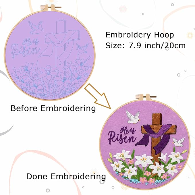 Nuberlic Lily Pattern Embroidery Kits for Beginner Adults, Cross Stitch Starter Kit with Embroidery Hoop Needles Threads Instruction -Easter Jesus