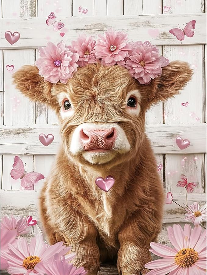 Yezavesu Highland Cow Diamond Art Kits for Adults, Cute Pink Cow 5D Diamond Painting Kit for Beginners, DIY Round Full Drill Painting with Gem Art Craft Kits for Home Wall Decor 12x 16 Inch